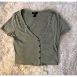 Forever 21 Ribbed Cardigan Women Small Sage Green Short Sleeve V-Neck